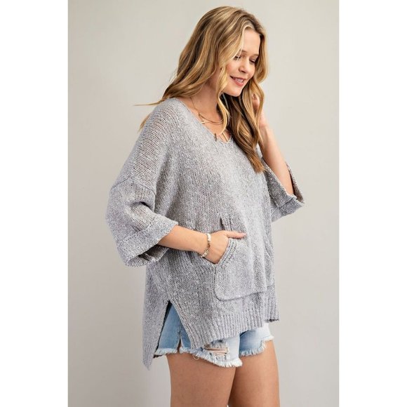 Easel Heather Grey Ultra Soft Slouchy Pullover Deep V-Neck Side Slit Sweater - Picture 4 of 5